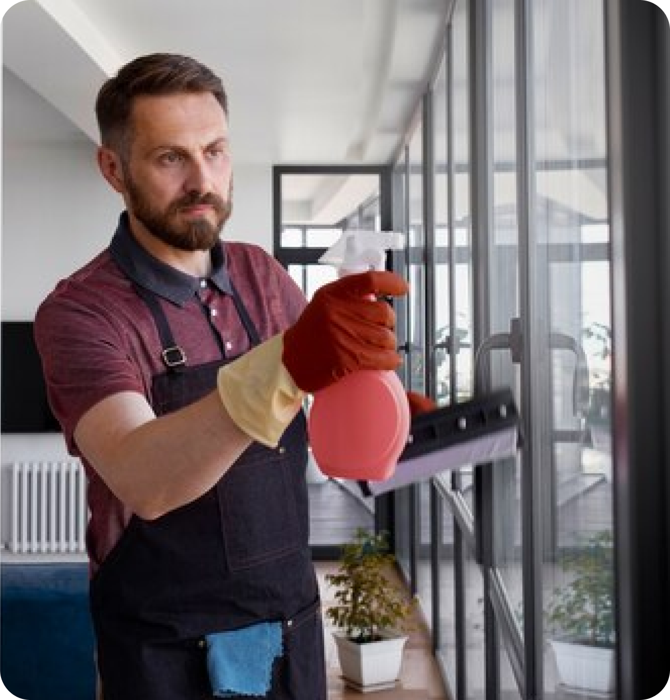 Man cleaning window with spray and squeegee indoors